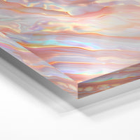 Gros plan de la matière : le tirage sous verre acrylique, tranche transparente visible.