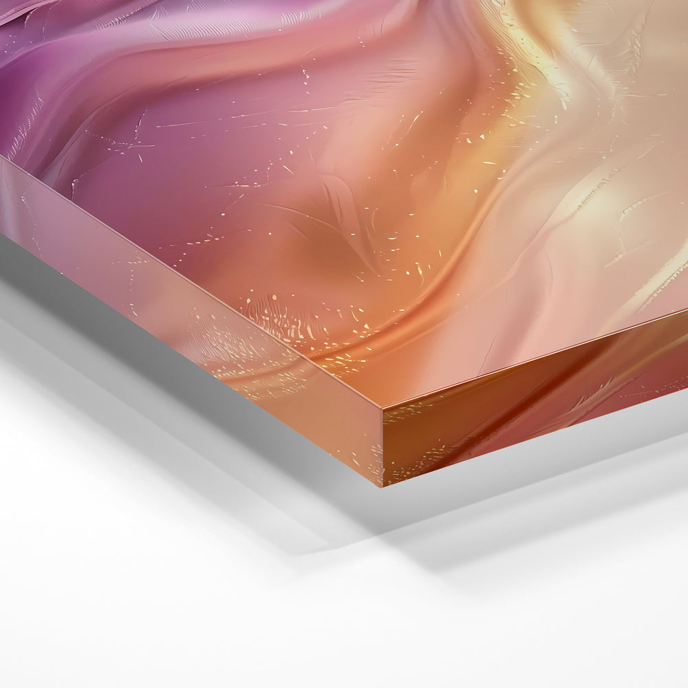 Gros plan de la matière : le tirage sous verre acrylique, tranche transparente visible.