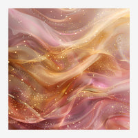Composition abstraite avec des formes fluides rose et or ondulantes, parsemées de paillettes dorées scintillantes sur.