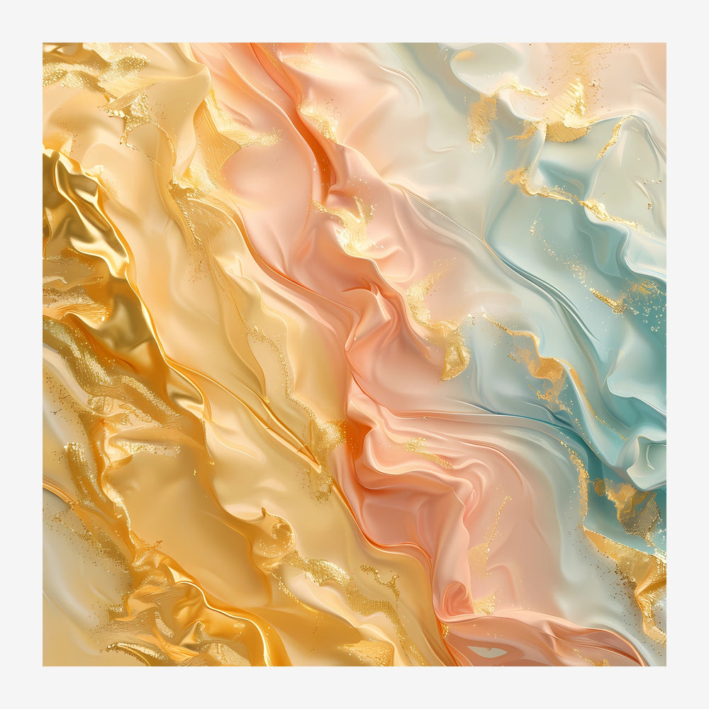 Composition abstraite fluide aux dégradés de beige, rose clair et bleu pâle, ornée de filets dorés scintillants.