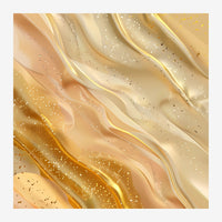 Motif abstrait aux ondes fluides en dégradés de beige, or et terracotta avec paillettes scintillantes dispersées.