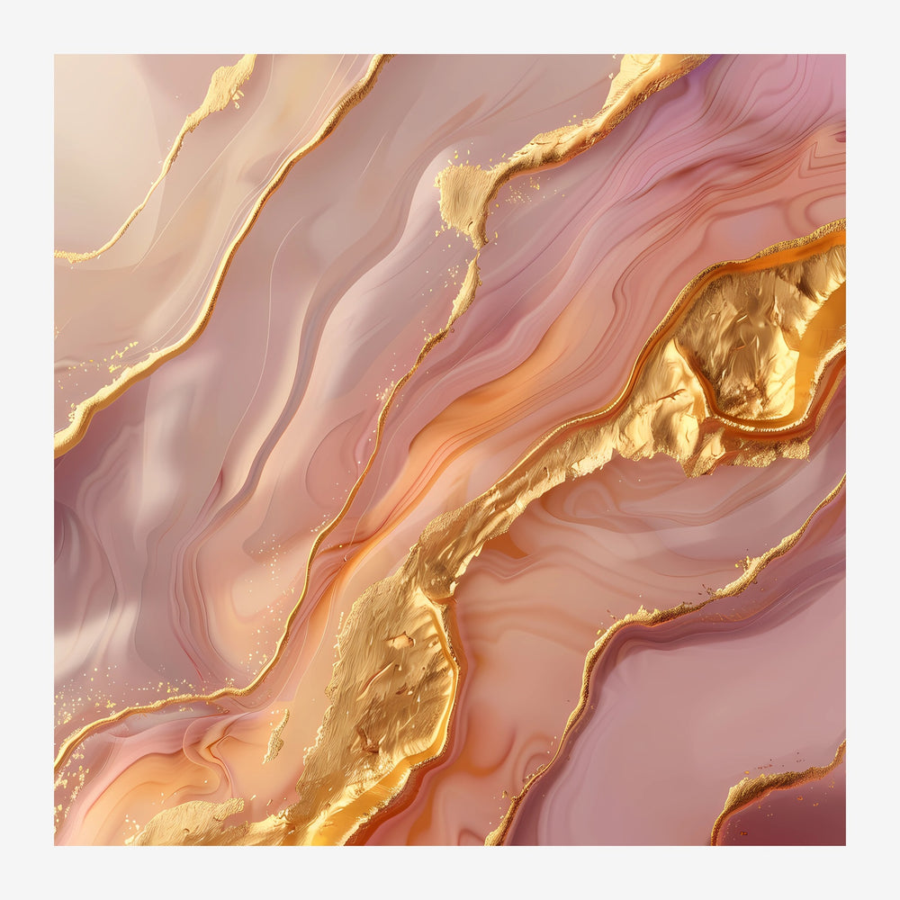 Composition abstraite aux teintes rose poudré et terracotta avec des veines dorées formant des motifs géométriques ondulants.