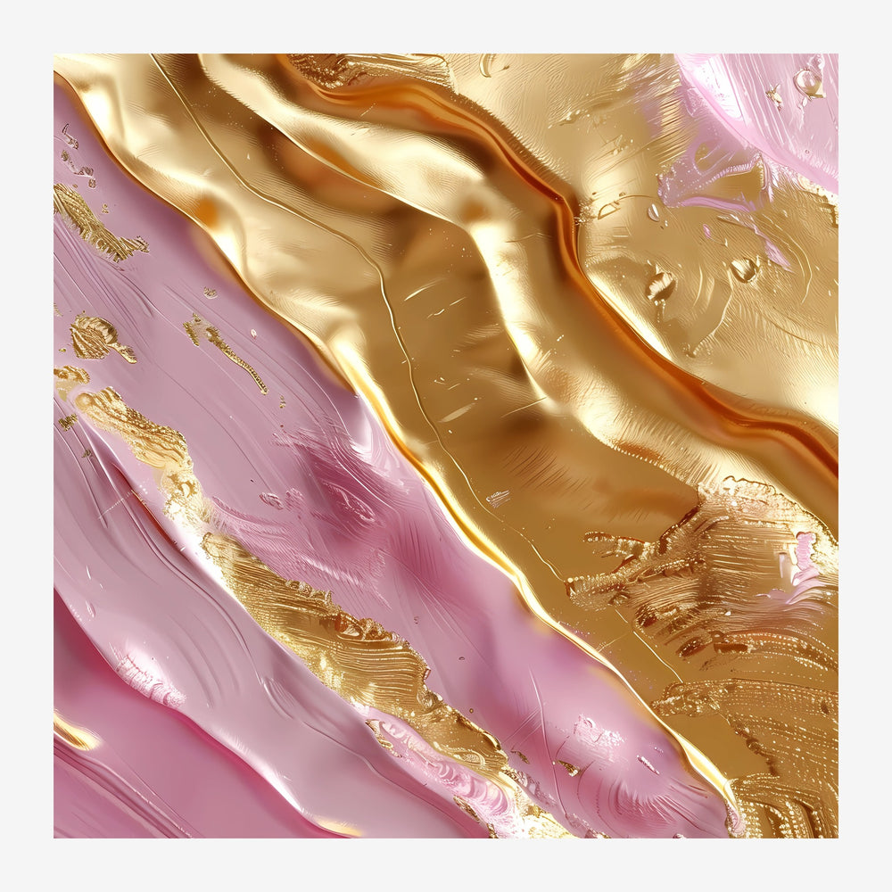 Composition abstraite avec formes fluides ondulantes mêlant rose poudré et or, avec des jeux de relief et de brillance.