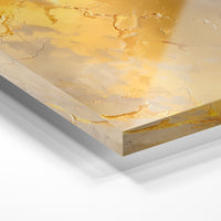 Gros plan de la matière : le tirage sous verre acrylique, tranche transparente visible.