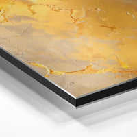 Gros plan de la matière : le tirage contrecollé sur aluminium Dibond mat, tranche visible.