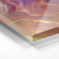 Gros plan de la matière : le tirage sous verre acrylique, tranche transparente visible.