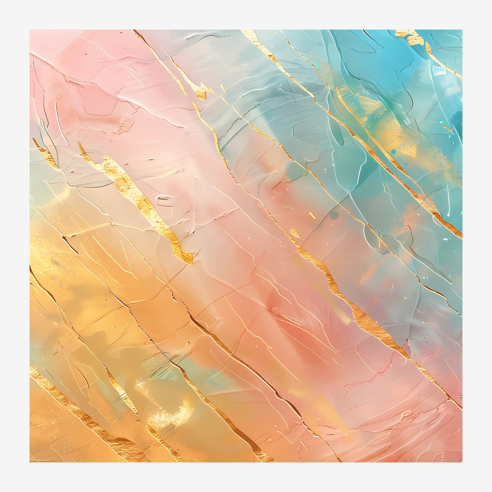 Composition abstraite géométrique aux dégradés de rose poudré, ocre, beige et bleu turquoise, traversée par des lignes.