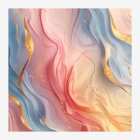 Composition abstraite avec des formes ondulantes en rose, beige, bleu ciel et pêche, parcourue de filets et paillettes.