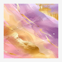 Composition abstraite avec des stries fluides rose, violette et beige-doré, ornée d'accents dorés brillants et parsemée de.