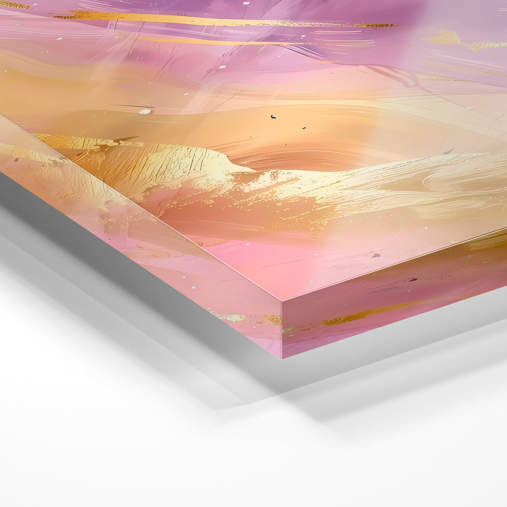 Gros plan de la matière : le tirage sous verre acrylique, tranche transparente visible.