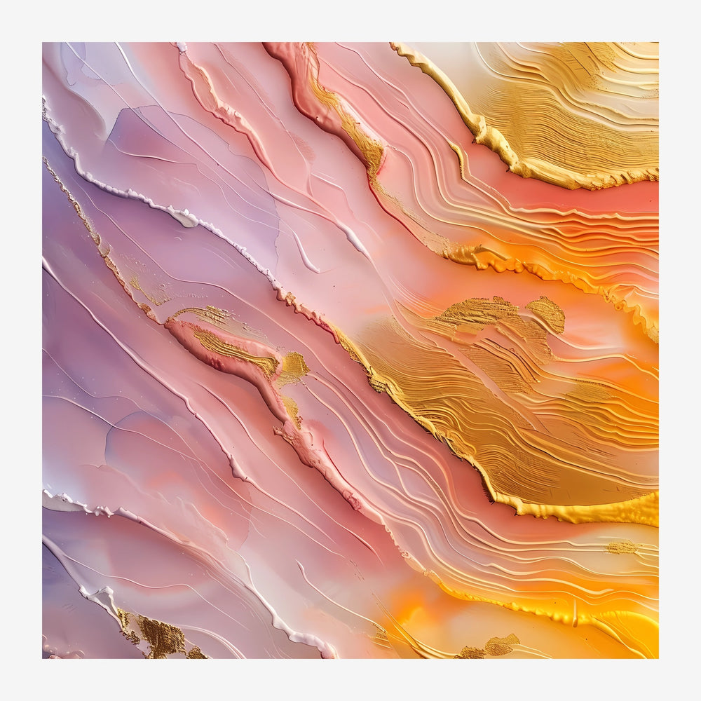 Composition abstraite avec des ondulations géométriques fluides dégradées du rose pâle vers des tons dorés intenses.