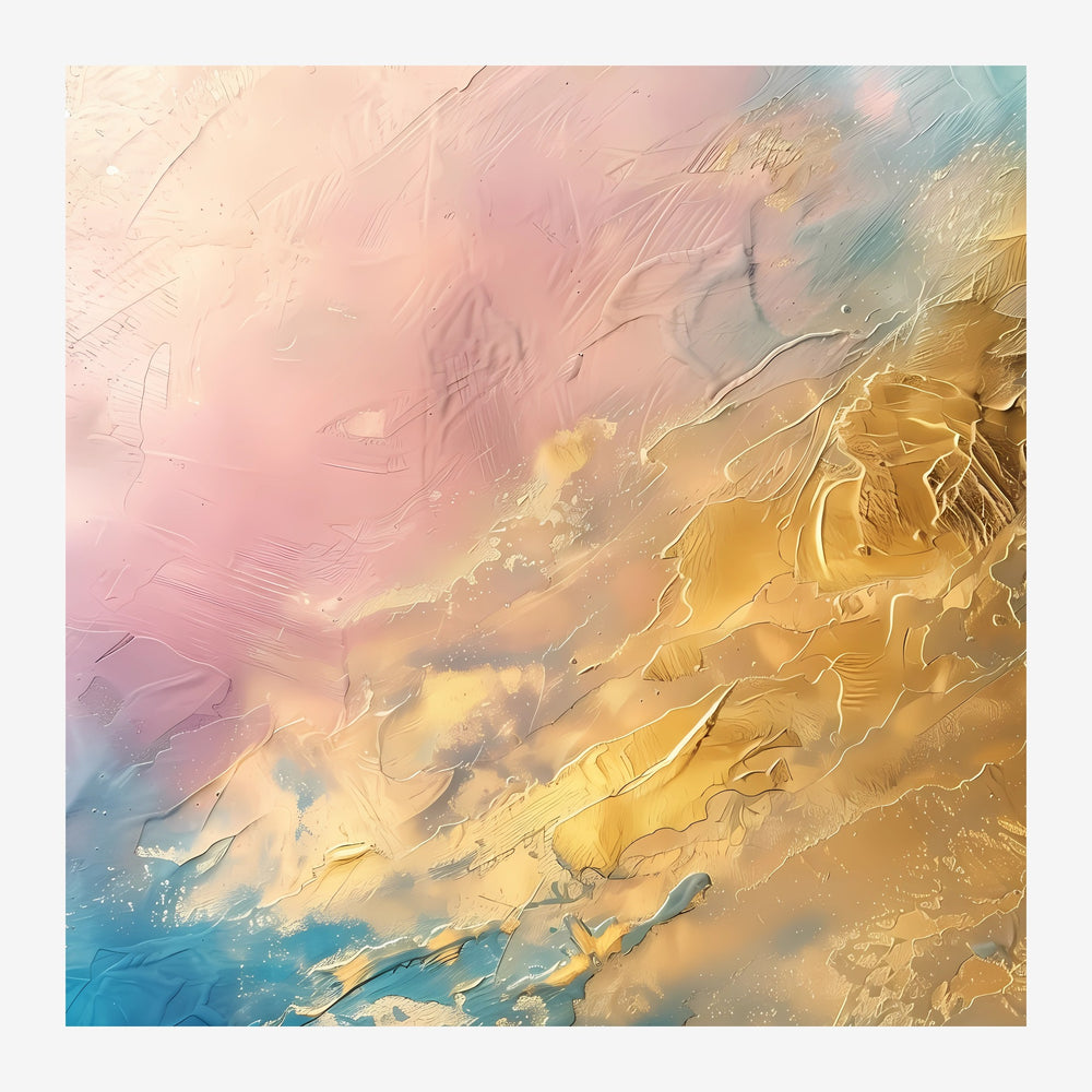 Tableau abstrait aux dégradés de rose, terracotta, or et bleu, avec des effets texturés rappelant des formations minérales.