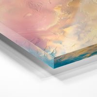 Gros plan de la matière : le tirage sous verre acrylique, tranche transparente visible.