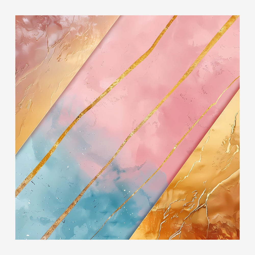 Composition abstraite géométrique aux dégradés de rose pâle, bleu tendre et orange doré, traversée par trois lignes dorées.