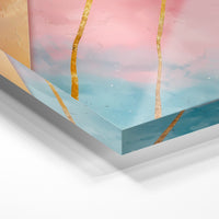Gros plan de la matière : le tirage sous verre acrylique, tranche transparente visible.