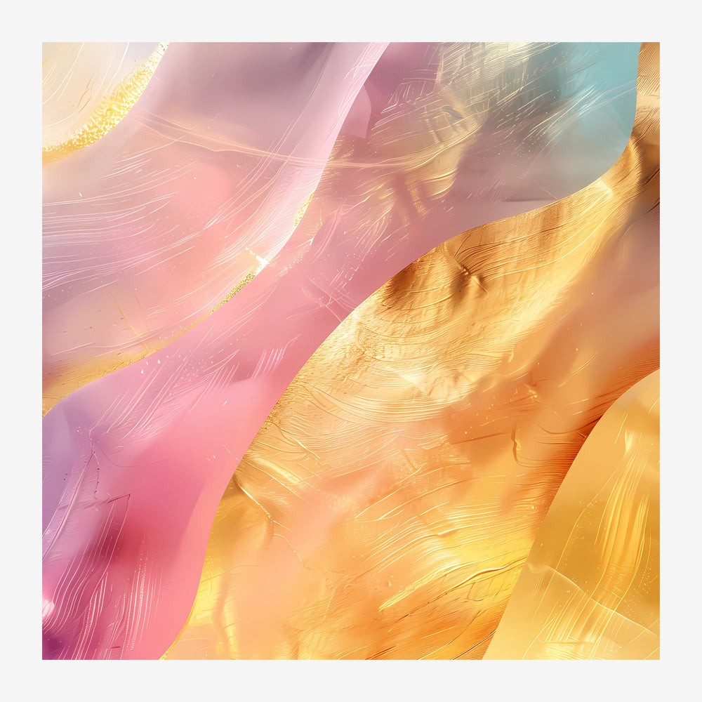 Composition abstraite aux formes ondulantes mêlant des teintes rose pâle, or, jaune et orange dans un effet de fluidité.