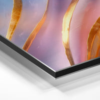 Gros plan de la matière : le tirage contrecollé sur aluminium Dibond mat, tranche visible.