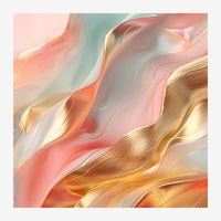 Composition abstraite présentant des formes fluides ondulantes en dégradés rose, or et blanc avec des accents verts.