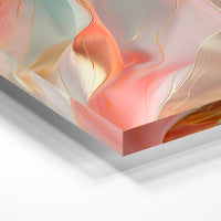 Gros plan de la matière : le tirage sous verre acrylique, tranche transparente visible.