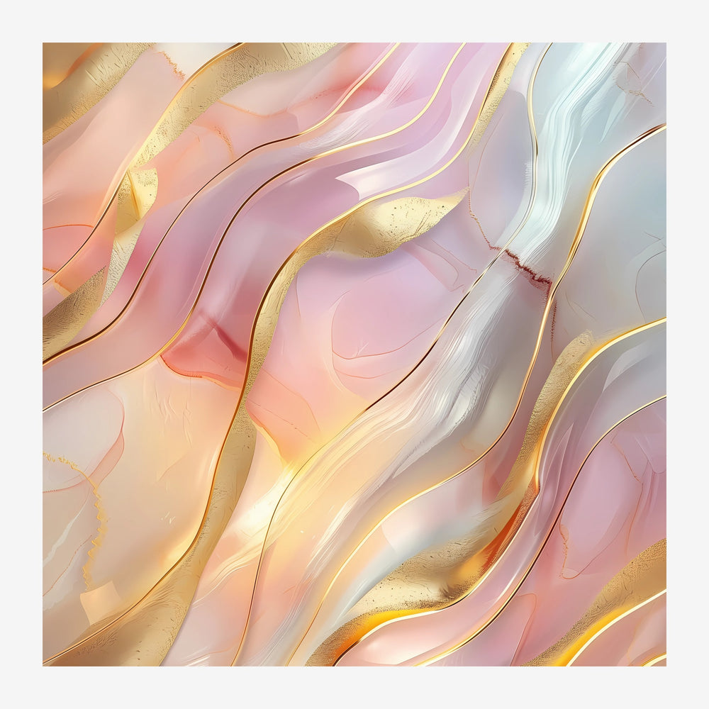 Composition abstraite avec des ondulations en rose poudré, beige crème et blanc, traversées par des traits dorés brillants.