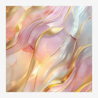 Composition abstraite avec des ondulations en rose poudré, beige crème et blanc, traversées par des traits dorés brillants.