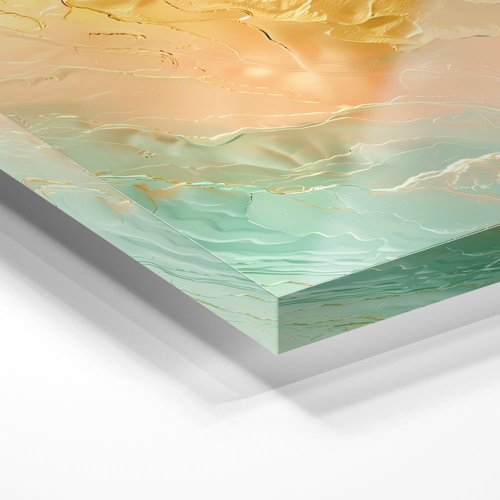Gros plan de la matière : le tirage sous verre acrylique, tranche transparente visible.