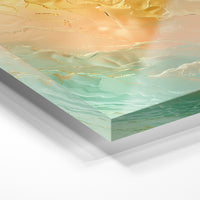 Gros plan de la matière : le tirage sous verre acrylique, tranche transparente visible.
