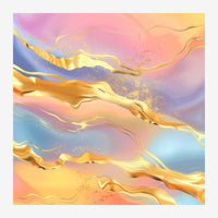 Composition abstraite avec des couches de formes ondulantes et fluides en rose pâle, or, jaune et bleu poudré, parsemées de.