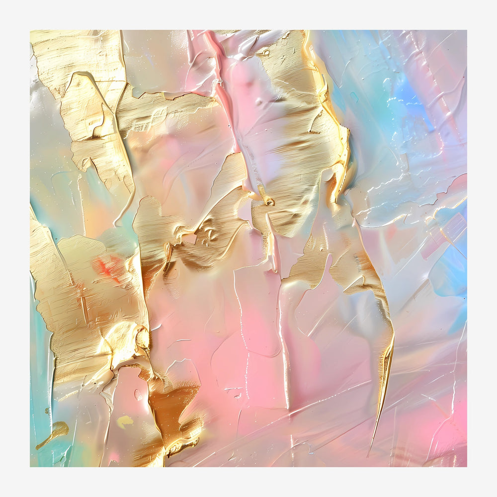 Composition abstraite géométrique avec formes tridimensionnelles en rose poudré et or, jouant avec la lumière et les.
