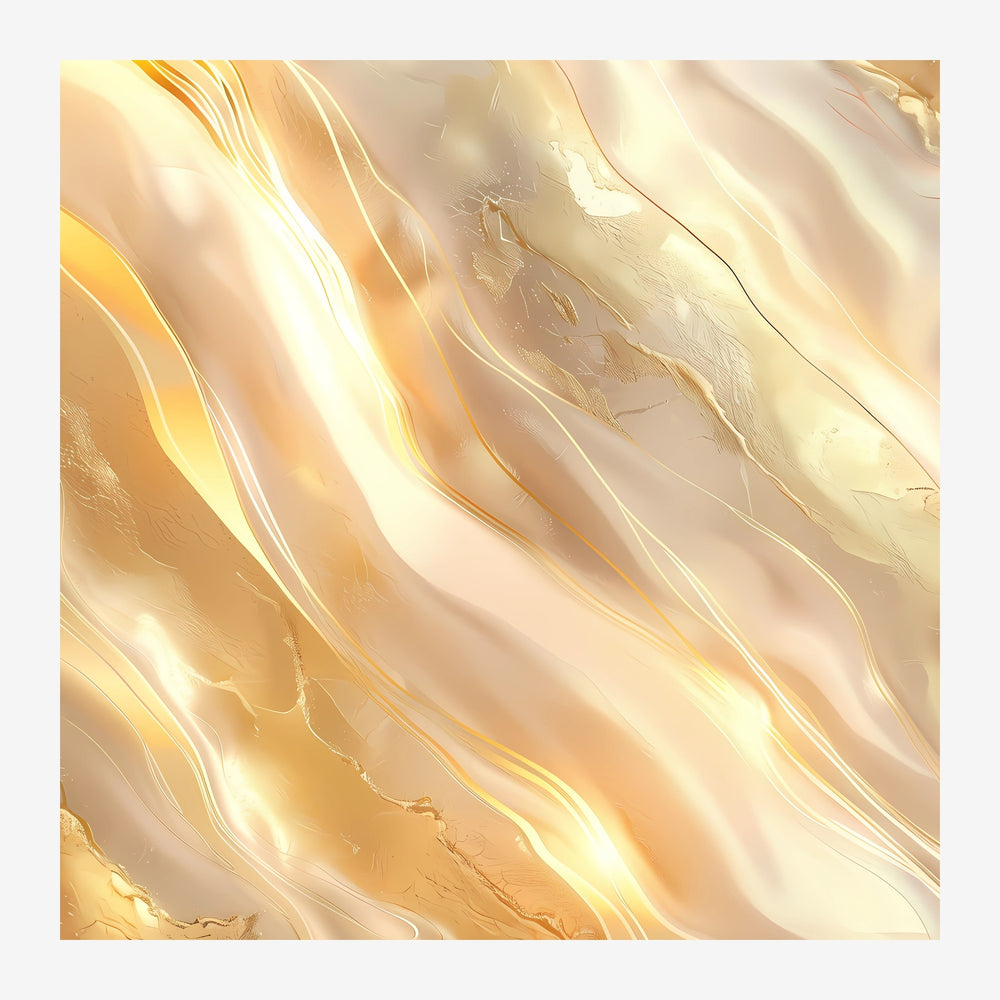Composition abstraite aux formes fluides mêlant les teintes dorées, beige et crème avec des reflets lumineux et des.
