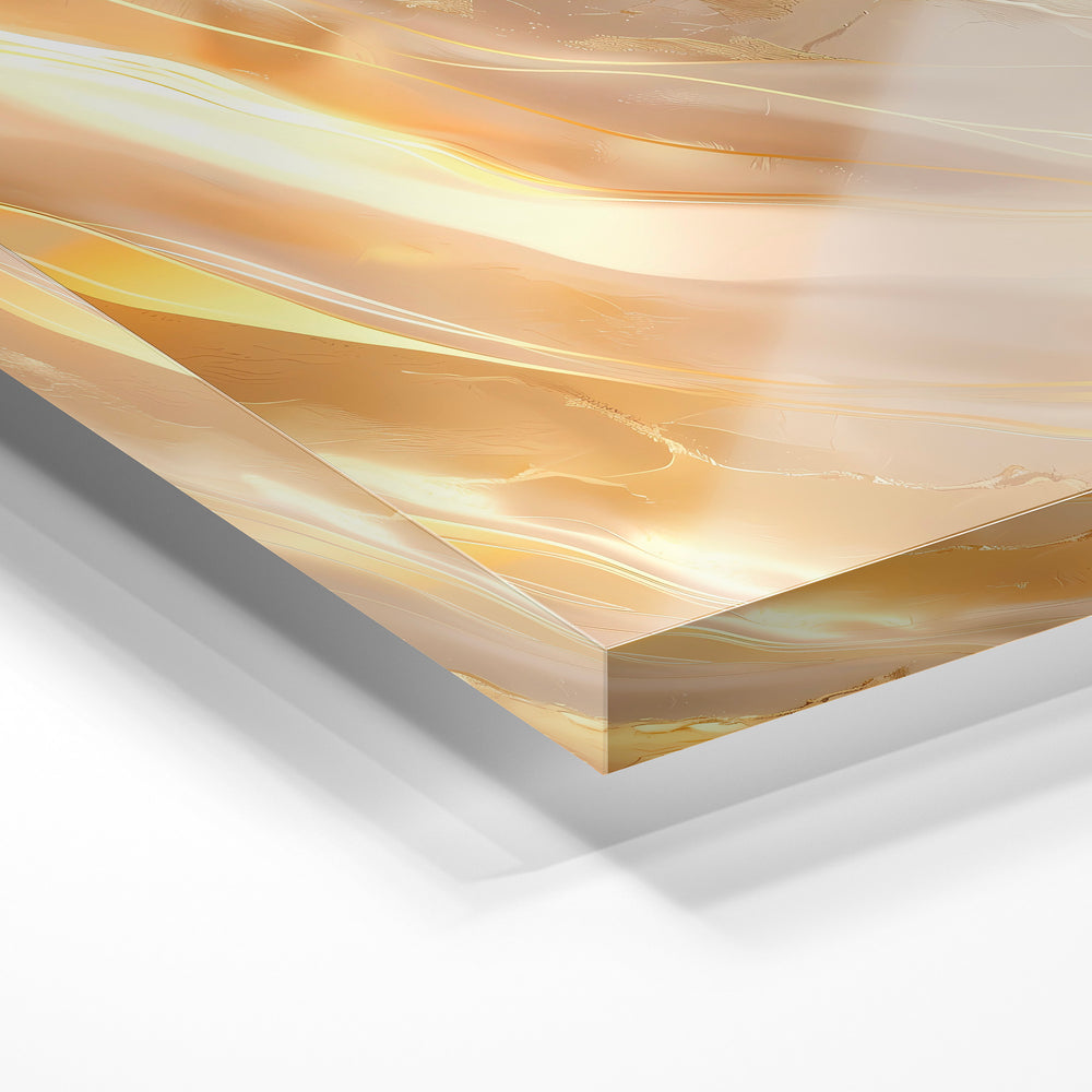 Gros plan de la matière : le tirage sous verre acrylique, tranche transparente visible.