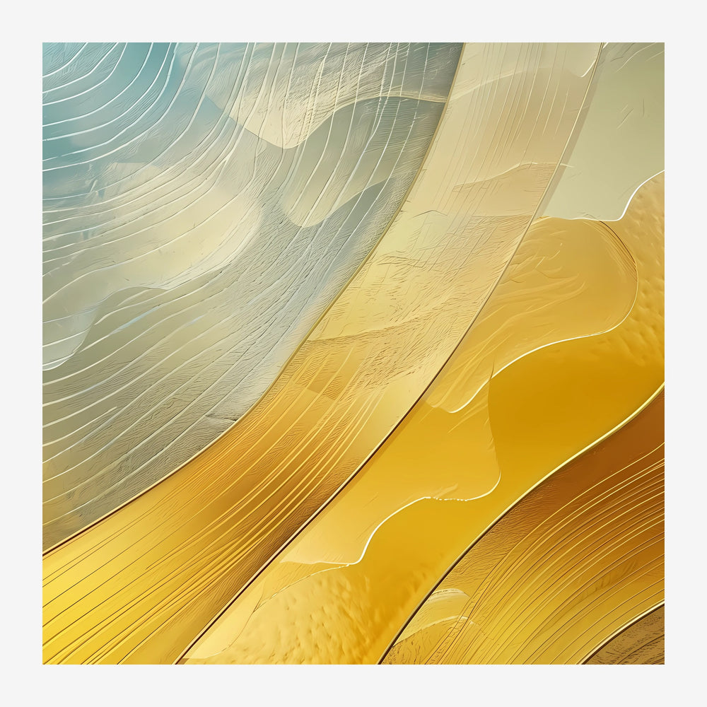 Composition abstraite géométrique présentant des bandes ondulantes en dégradé du gris bleuté au jaune or et ocre, parcourues.