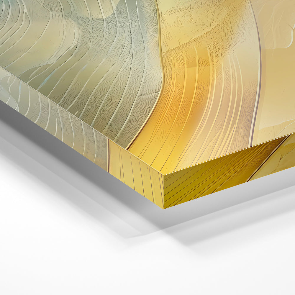 Gros plan de la matière : le tirage sous verre acrylique, tranche transparente visible.