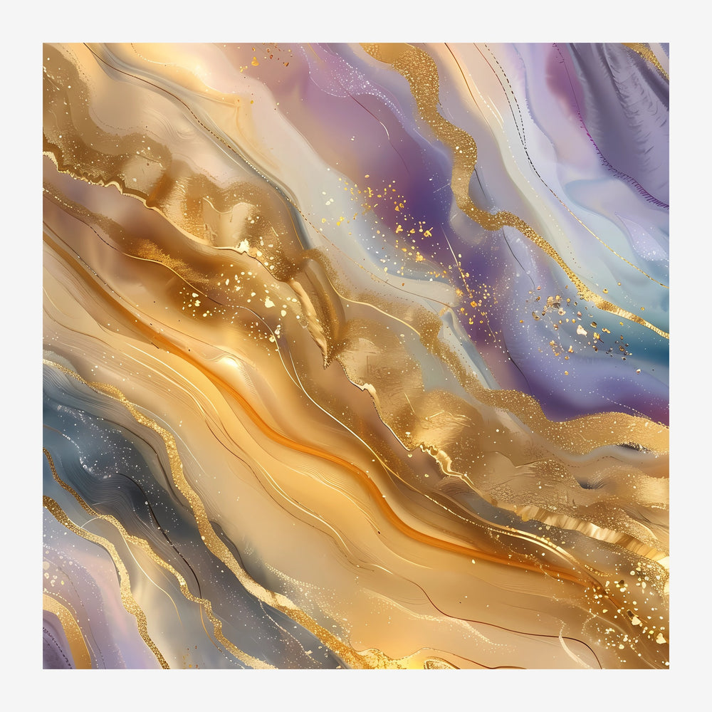 Composition abstraite avec fluidités ondulantes en dégradés d'or, beige, terracotta et pourpre, agrémentées de.