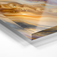 Gros plan de la matière : le tirage sous verre acrylique, tranche transparente visible.