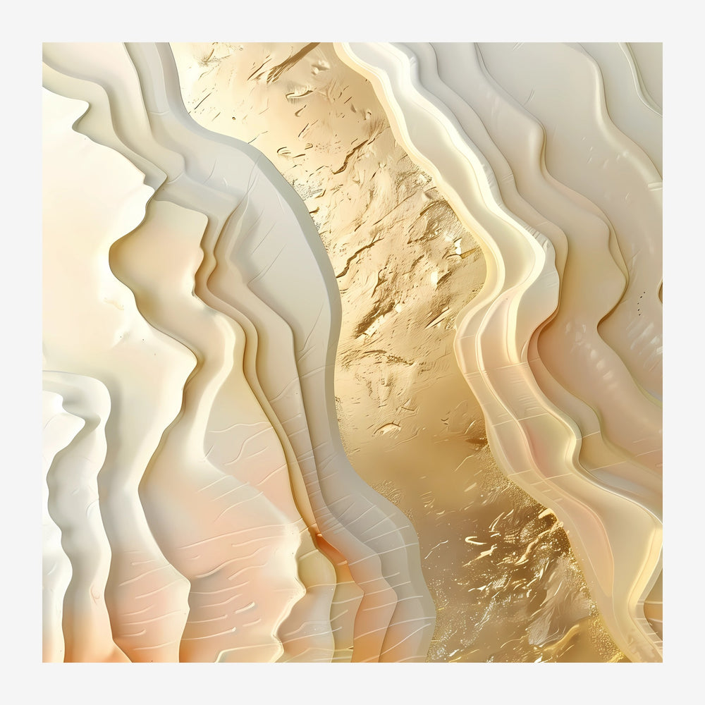 Composition abstraite géométrique en beige et or, avec des vagues en relief entrecroisées créant une impression de.