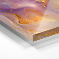 Gros plan de la matière : le tirage sous verre acrylique, tranche transparente visible.