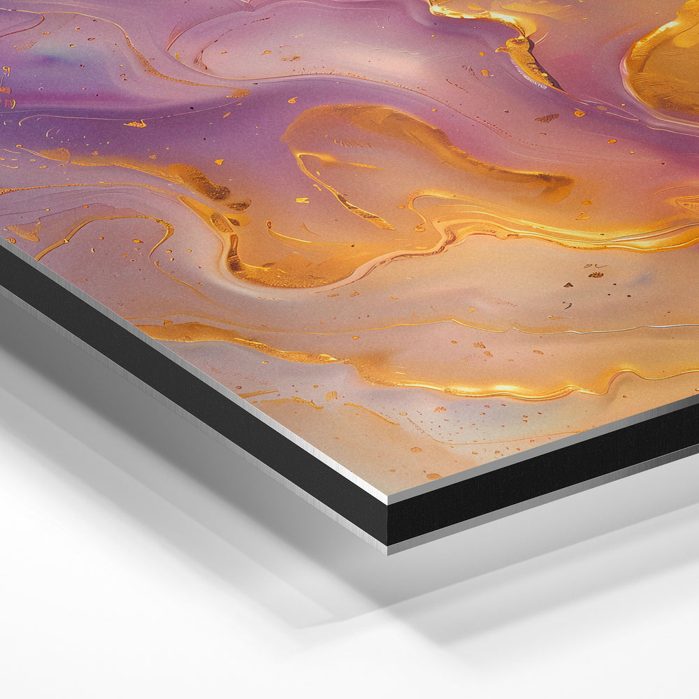 Gros plan de la matière : le tirage contrecollé sur aluminium Dibond mat, tranche visible.