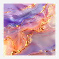 Composition abstraite aux teintes violettes et roses parcourus de veines dorées brillantes, avec des formes ondulantes et.