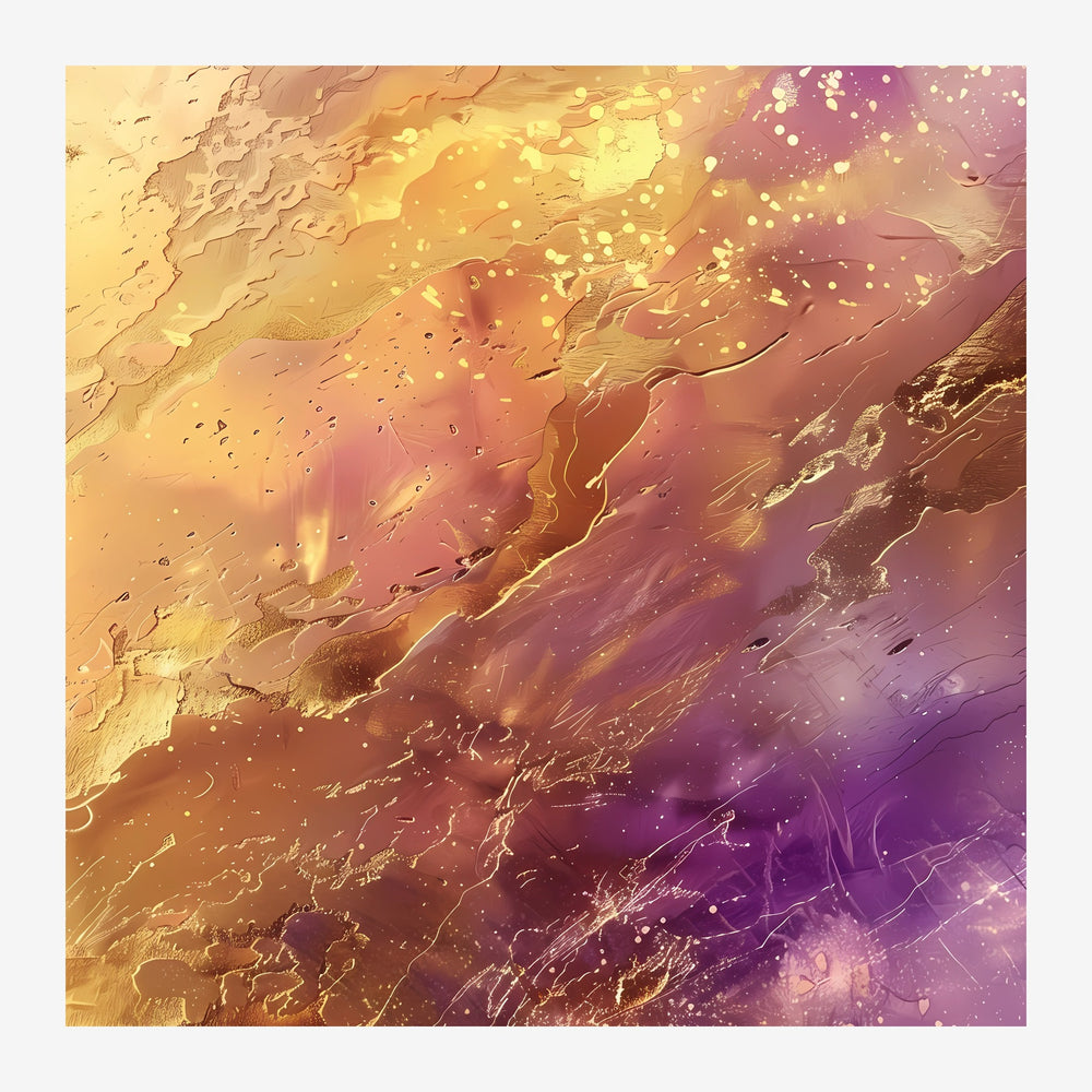 Composition abstraite avec dégradés fluides alternant des teintes chaudes d'ocre, or et terracotta transitant vers le violet.
