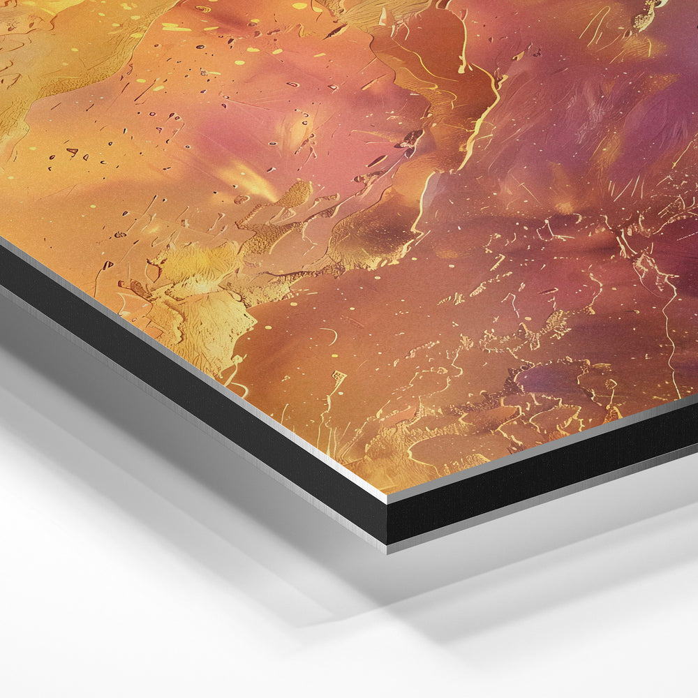 Gros plan de la matière : le tirage contrecollé sur aluminium Dibond mat, tranche visible.