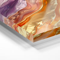 Gros plan de la matière : le tirage sous verre acrylique, tranche transparente visible.