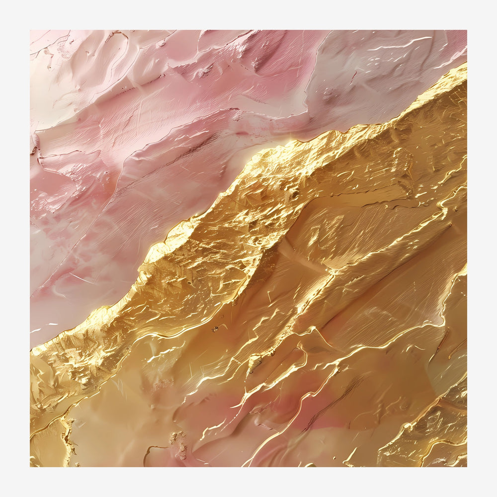 Composition abstraite géométrique aux teintes de rose poudré et or brossé, avec des formes en diagonale aux effets texturés.