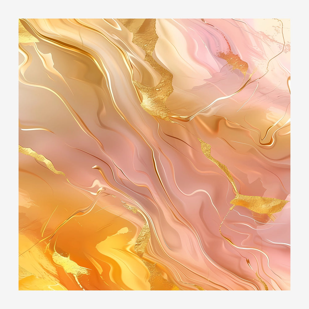 Composition abstraite aux ondulations fluides mélangeant le rose poudré, le beige crème et l'or, avec des accents dorés.
