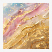 Composition abstraite aux courbes fluides mêlant ocre, rose pâle et or, avec des effets de profondeur et des paillettes.