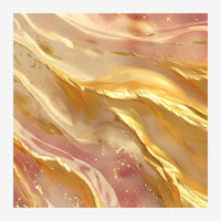 Composition abstraite fluide aux teintes or, terracotta et beige, avec des courbes ondulantes et des accents de poudre dorée.
