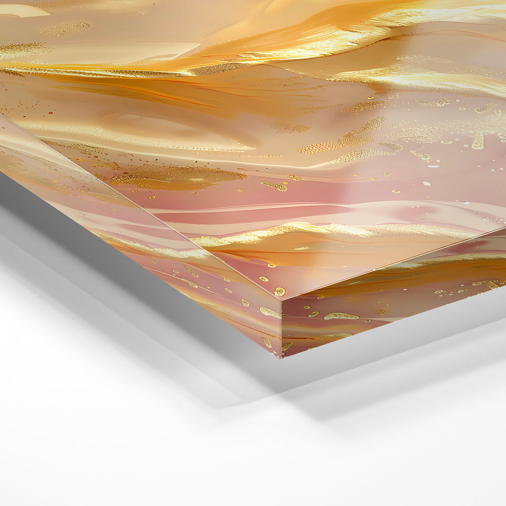 Gros plan de la matière : le tirage sous verre acrylique, tranche transparente visible.