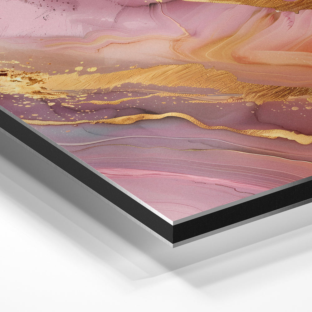Gros plan de la matière : le tirage contrecollé sur aluminium Dibond mat, tranche visible.