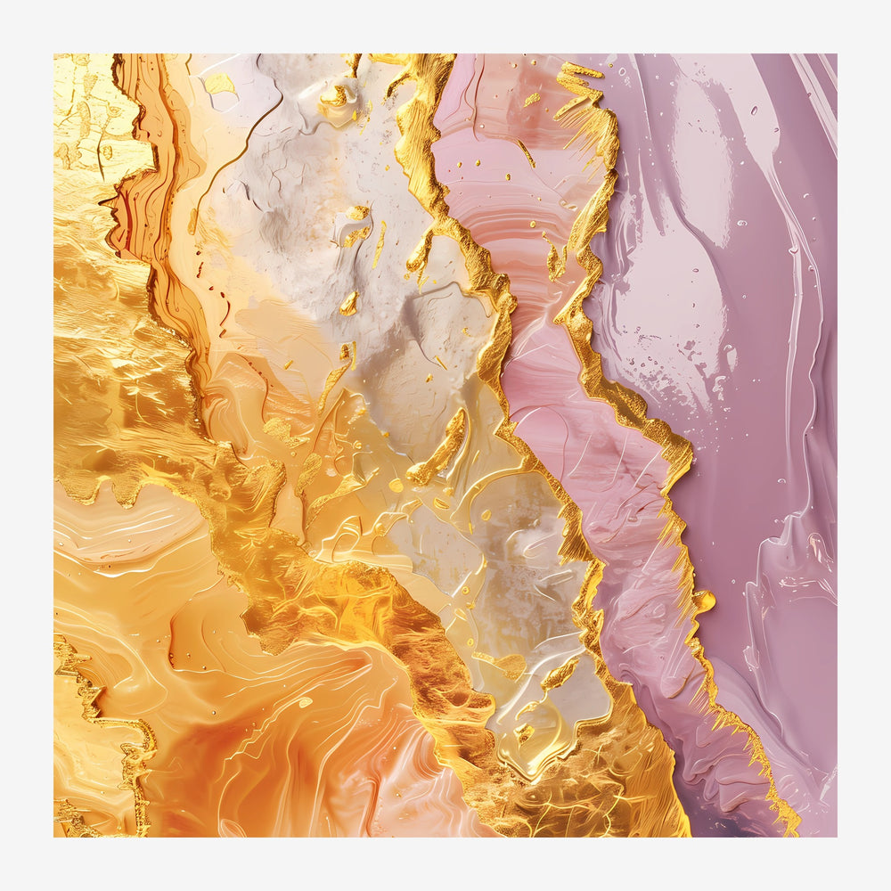 Abstraction géométrique aux teintes d'or, beige et rose poudré, avec des motifs ondulants et des lignes dorées structurant.