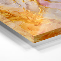 Gros plan de la matière : le tirage sous verre acrylique, tranche transparente visible.